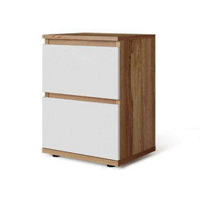 URBNLIVING Height 49cm 2 Drawer Wooden Bedroom Bedside Cabinet Colour Oak Carcass and White Drawers No Handle Nightstand