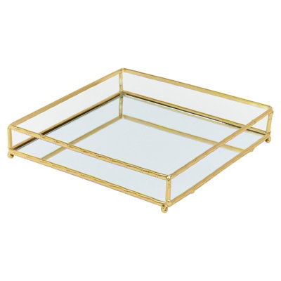 URBNLIVING Height 4cm Set of 2 Gold Metal Frame Square Mirror Tray Set Vanity Perfume Makeup Candle Trinket Tray