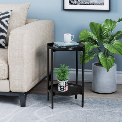URBNLIVING Height 50cm 2 Tier Round Metal Side End Table Black Colour Living Room With Shelf