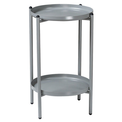 URBNLIVING Height 50cm 2-Tier Round Metal Side End Table Grey Colour Living Room With Shelf Bedside Nightstand