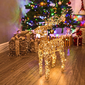 URBNLIVING Height 50cm Set of 2 Gold Pearl LED Light Up Christmas Reindeer Rattan Metal Wire Stag Statue Decoration
