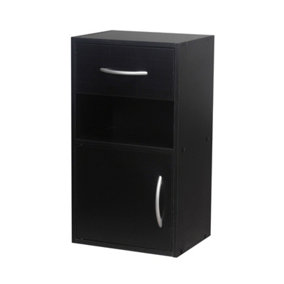 URBNLIVING Height 54cm 1 Door 1 Drawer Wooden Bedroom Colour Black Bedside Cabinet Shelf Nightstand Side Table Unit