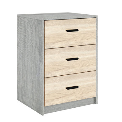 URBNLIVING Height 56cm 3 Drawer Wooden Bedroom Bedside Cabinet Furniture Ash Grey Oak Carcass & Oak Drawers Storage Nightstand