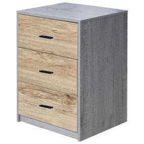 URBNLIVING Height 56cm 3 Drawer Wooden Bedroom Bedside Cabinet Furniture Ash Grey Oak Carcass & Oak Drawers Storage Nightstand