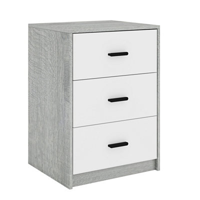 URBNLIVING Height 56cm 3 Drawer Wooden Bedroom Bedside Cabinet Furniture Ash Grey Oak & White Drawers Storage Nightstand