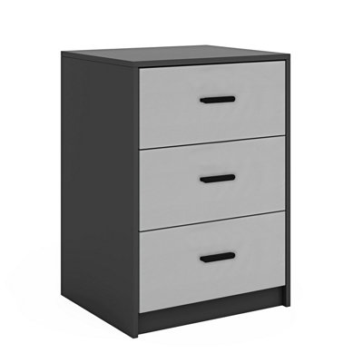 URBNLIVING Height 56cm 3 Drawer Wooden Bedroom Bedside Cabinet Furniture Black Carcass and Grey Drawers Storage Nightstand