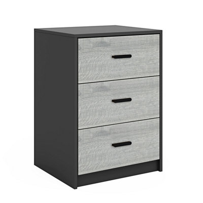 URBNLIVING Height 56cm 3 Drawer Wooden Bedroom Bedside Cabinet Furniture Black Carcass & Ash Grey Drawers Storage Nightstand