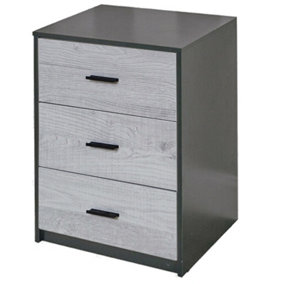 URBNLIVING Height 56cm 3 Drawer Wooden Bedroom Bedside Cabinet Furniture Black Carcass & Ash Grey Drawers Storage Nightstand