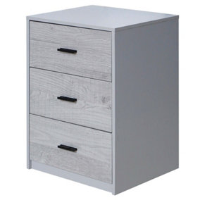 URBNLIVING Height 56cm 3 Drawer Wooden Bedroom Bedside Cabinet Furniture Grey Carcass Ash Grey Oak Drawers Storage Nightstand