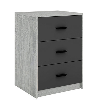 URBNLIVING Height 56cm 3 Drawer Wooden Bedroom Bedside Cabinet Furniture Grey oak Carcass & Black Drawers Storage Nightstand