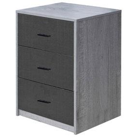 URBNLIVING Height 56cm 3 Drawer Wooden Bedroom Bedside Cabinet Furniture Grey oak Carcass & Black Drawers Storage Nightstand