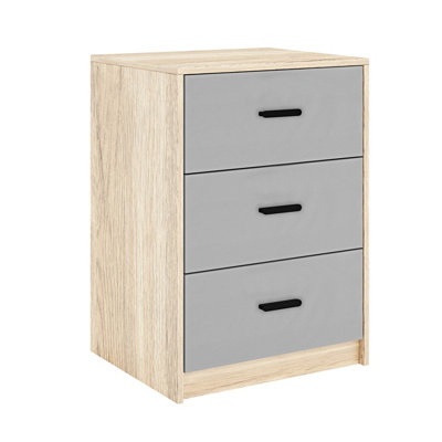 URBNLIVING Height 56cm 3 Drawer Wooden Bedroom Bedside Cabinet Furniture Oak Carcass and Grey Drawers Storage Nightstand