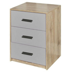 URBNLIVING Height 56cm 3 Drawer Wooden Bedroom Bedside Cabinet Furniture Oak Carcass and Grey Drawers Storage Nightstand