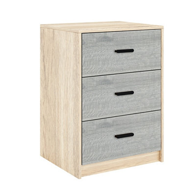 URBNLIVING Height 56cm 3 Drawer Wooden Bedroom Bedside Cabinet Furniture Oak Carcass and Grey Oak Drawers Storage Nightstand