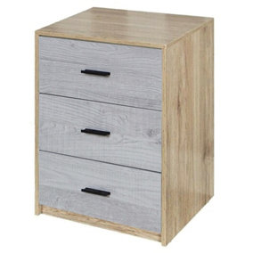 URBNLIVING Height 56cm 3 Drawer Wooden Bedroom Bedside Cabinet Furniture Oak Carcass and Grey Oak Drawers Storage Nightstand