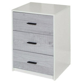 URBNLIVING Height 56cm 3 Drawer Wooden Bedroom Bedside Cabinet Furniture White Carcass Grey Oak Drawers Storage Nightstand