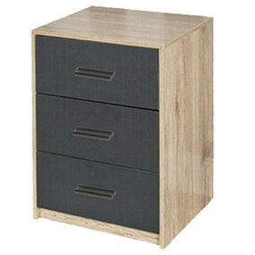 URBNLIVING Height 56cm 3 Drawer Wooden Bedroom Oak Carcass and Black Drawers Bedside Cabinet Furniture Storage Nightstand