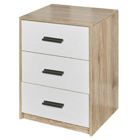 URBNLIVING Height 56cm 3 Drawer Wooden Bedroom Oak Carcass and White Drawers Bedside Cabinet Furniture Storage Nightstand
