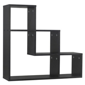 URBNLIVING Height 56cm Lyon 3 Step Wooden Floating Wall Mounting Colour Black Shelf Display Unit Book Storage Decor