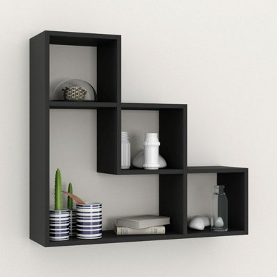 URBNLIVING Height 56cm Lyon 3 Step Wooden Floating Wall Mounting Colour Black Shelf Display Unit Book Storage Decor