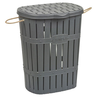 URBNLIVING Height 57cm 65L Anthracite Bamboo Look Clothes Storage Laundry Washing Basket Hamper Rope Handles & Lid