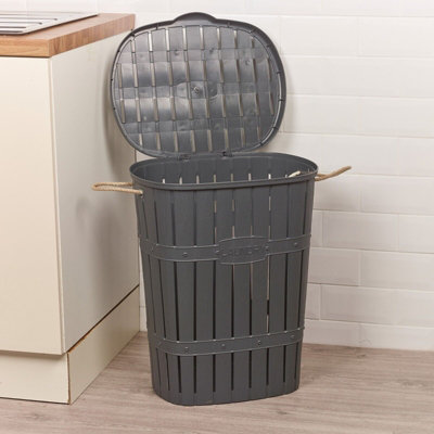 URBNLIVING Height 57cm 65L Anthracite Bamboo Look Clothes Storage Laundry Washing Basket Hamper Rope Handles & Lid