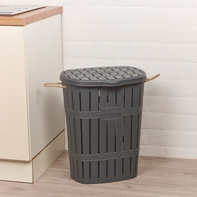 URBNLIVING Height 57cm 65L Anthracite Bamboo Look Clothes Storage Laundry Washing Basket Hamper Rope Handles & Lid