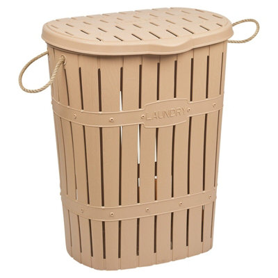 URBNLIVING Height 57cm 65L Beige Bamboo Look Clothes Storage Laundry Washing Basket Hamper Rope Handles & Lid