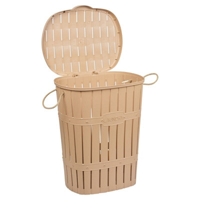 URBNLIVING Height 57cm 65L Beige Bamboo Look Clothes Storage Laundry Washing Basket Hamper Rope Handles & Lid