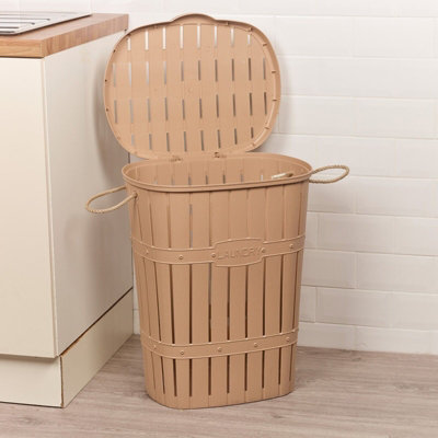 URBNLIVING Height 57cm 65L Beige Bamboo Look Clothes Storage Laundry Washing Basket Hamper Rope Handles & Lid