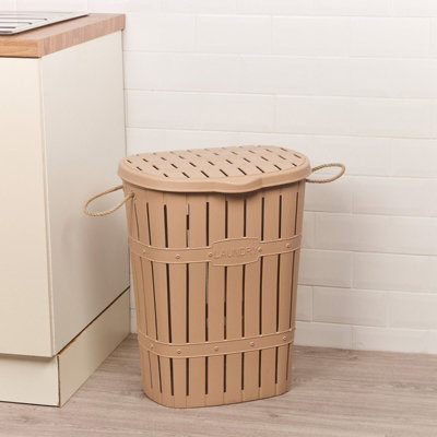 URBNLIVING Height 57cm 65L Beige Bamboo Look Clothes Storage Laundry Washing Basket Hamper Rope Handles & Lid