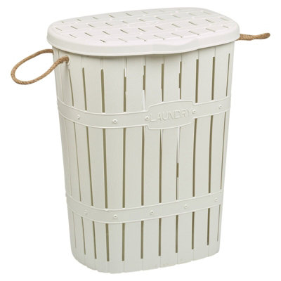 URBNLIVING Height 57cm 65L White Bamboo Look Clothes Storage Laundry Washing Basket Hamper Rope Handles & Lid