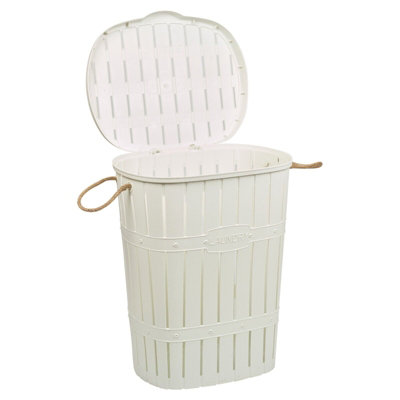 URBNLIVING Height 57cm 65L White Bamboo Look Clothes Storage Laundry Washing Basket Hamper Rope Handles & Lid
