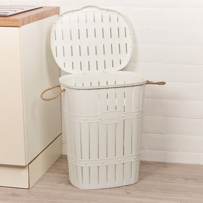 URBNLIVING Height 57cm 65L White Bamboo Look Clothes Storage Laundry Washing Basket Hamper Rope Handles & Lid