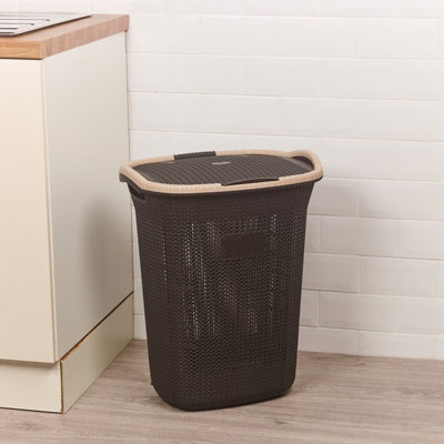 URBNLIVING Height 58cm 65L Dark Brown Laundry Clothes Storage Durable Mesh Washing Basket Hamper with Handles & Lid