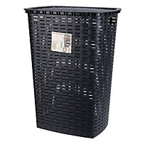 URBNLIVING Height 59cm Black 53L Plastic Rattan Style Laundry Clothes Washing Storage Basket Hamper with Lid