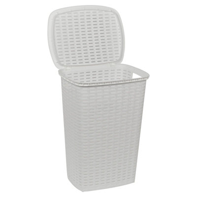 URBNLIVING Height 59cm White 53L Plastic Rattan Style Laundry Clothes Washing Storage Basket Hamper with Lid