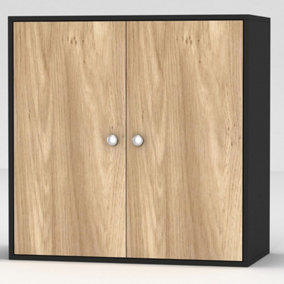 URBNLIVING Height 60cm 2 Tier Wooden Storage Cabinet Side Furniture Cabinet Colour Black & Oak Door Cupboard Bedroom Hallway Shelf