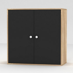 URBNLIVING Height 60cm 2 Tier Wooden Storage Cabinet Side Furniture Cabinet Colour Oak & Black Door Cupboard Bedroom Hallway Shelf