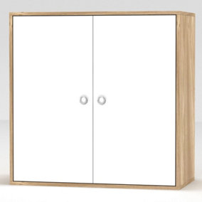 URBNLIVING Height 60cm 2 Tier Wooden Storage Cabinet Side Furniture Cabinet Colour Oak & White Door Cupboard Bedroom Hallway Shelf