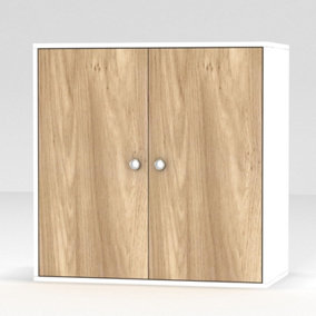 URBNLIVING Height 60cm 2 Tier Wooden Storage Cabinet Side Furniture Oak Door Cupboard Bedroom Hallway Shelf Unit
