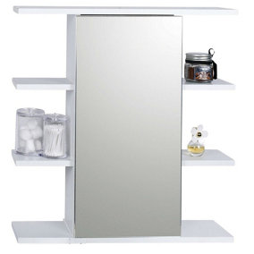 URBNLIVING Height 60cm Wooden Wall White Bathroom Storage Cabinet with Mirror and 1 Single Door