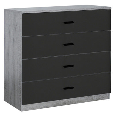 URBNLIVING Height 73cm 4 Drawer Wooden Bedroom Chest Cabinet Modern Ash Grey Carcass and Black Drawers Wide Storage Cupboard Close