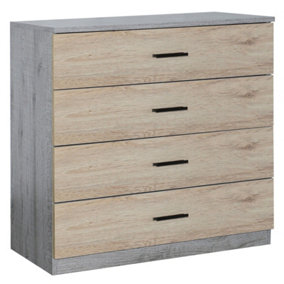 URBNLIVING Height 73cm 4 Drawer Wooden Bedroom Chest Cabinet Modern Ash Grey Carcass and Oak Drawers Wide Storage Cupboard Closet