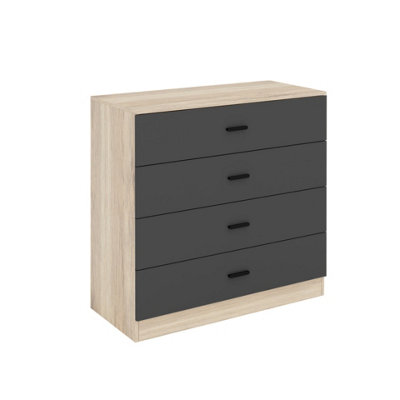 URBNLIVING Height 73cm 4 Drawer Wooden Bedroom Chest Cabinet Modern Oak Carcass and Black Drawers Wide Storage Cupboard Closet