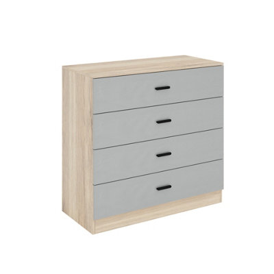 URBNLIVING Height 73cm 4 Drawer Wooden Bedroom Chest Cabinet Modern Oak Carcass and Grey Drawers Wide Storage Cupboard Closet