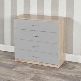 URBNLIVING Height 73cm 4 Drawer Wooden Bedroom Chest Cabinet Modern Oak Carcass and Grey Drawers Wide Storage Cupboard Closet