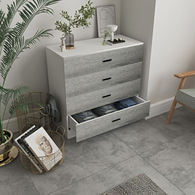 URBNLIVING Height 73cm 4 Drawer Wooden Bedroom Chest Cabinet Modern White Carcass and Ash Grey Drawers