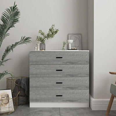 URBNLIVING Height 73cm 4 Drawer Wooden Bedroom Chest Cabinet Modern White Carcass and Ash Grey Drawers Wide Storage Cupboard Close