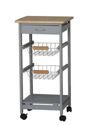 URBNLIVING Height 75cm 3 Tier Grey Portable Oasis Bamboo Top MDF Kitchen Trolley Drawer Shelf Cart on Wheels